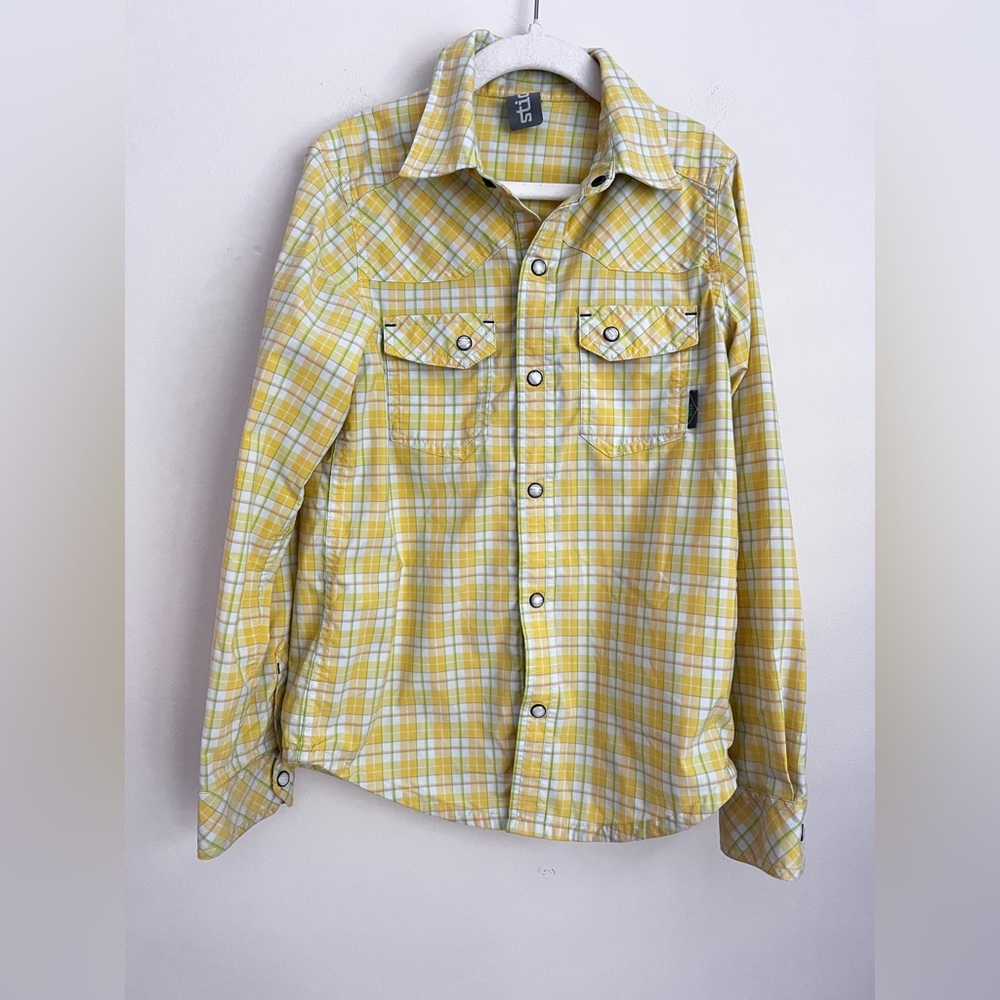 Stio Yellow and White Plaid pearl Snap button up Shirt 8